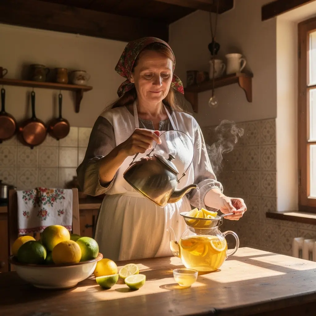 Švelni arbata su citrusinių vaisių lapais, pristatyta elegantiškoje stiklinėje.
