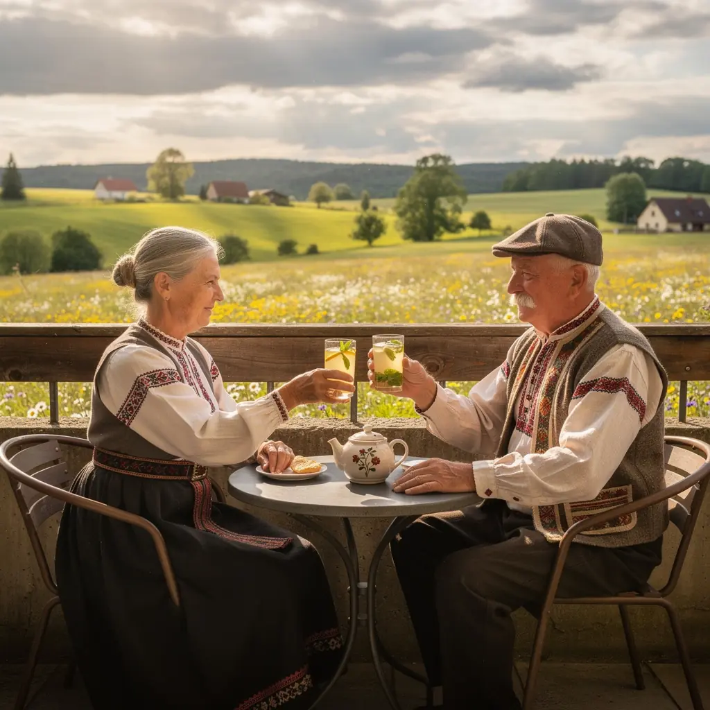 Mediterranean stiliaus arbatos rinkinys ant medinės lentynos su džiovintais vaisiais.